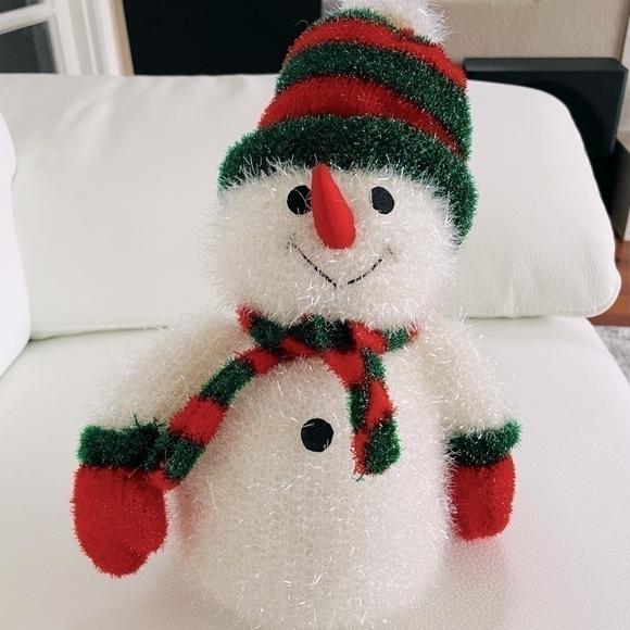 Tall Snowman Glossy Knitted White Green Red Snowman Plush Figurine Xmas Decor - Picture 2 of 4